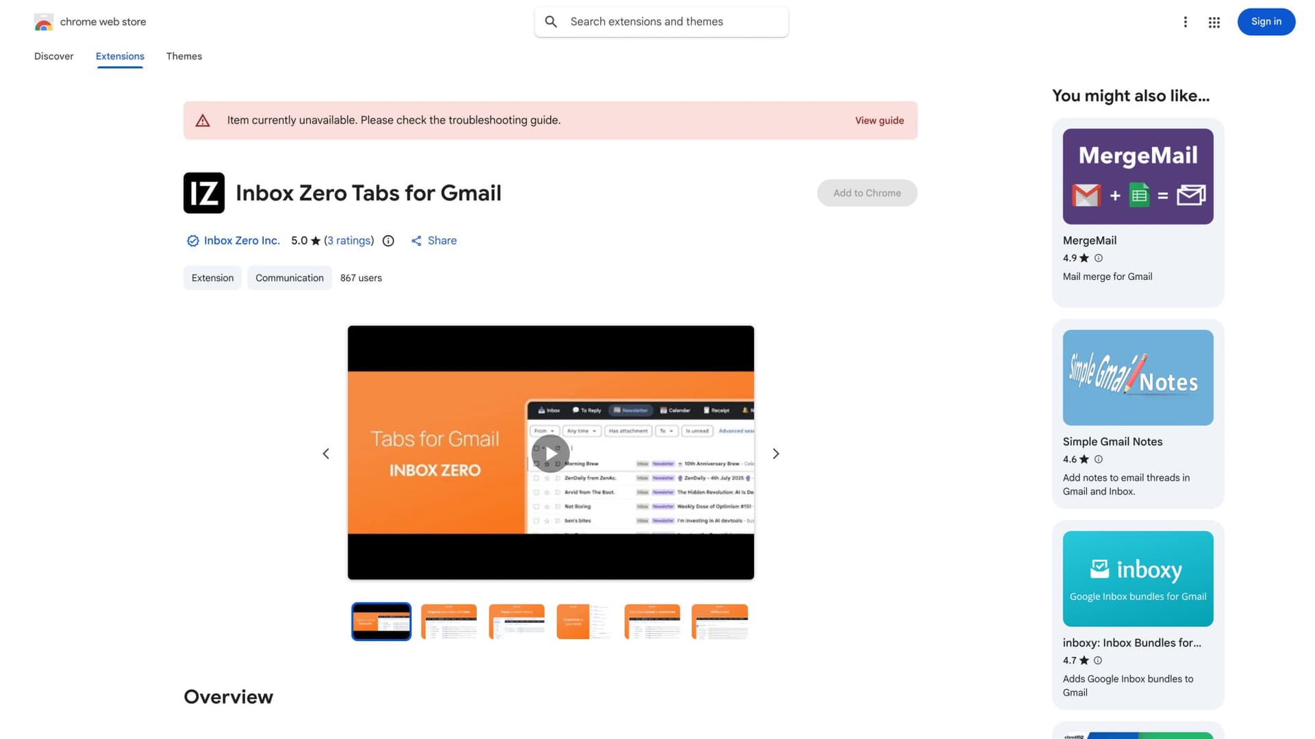 Inbox Zero Tabs for Gmail Chrome extension listing showing features, ratings, and user reviews on Chrome Web Store